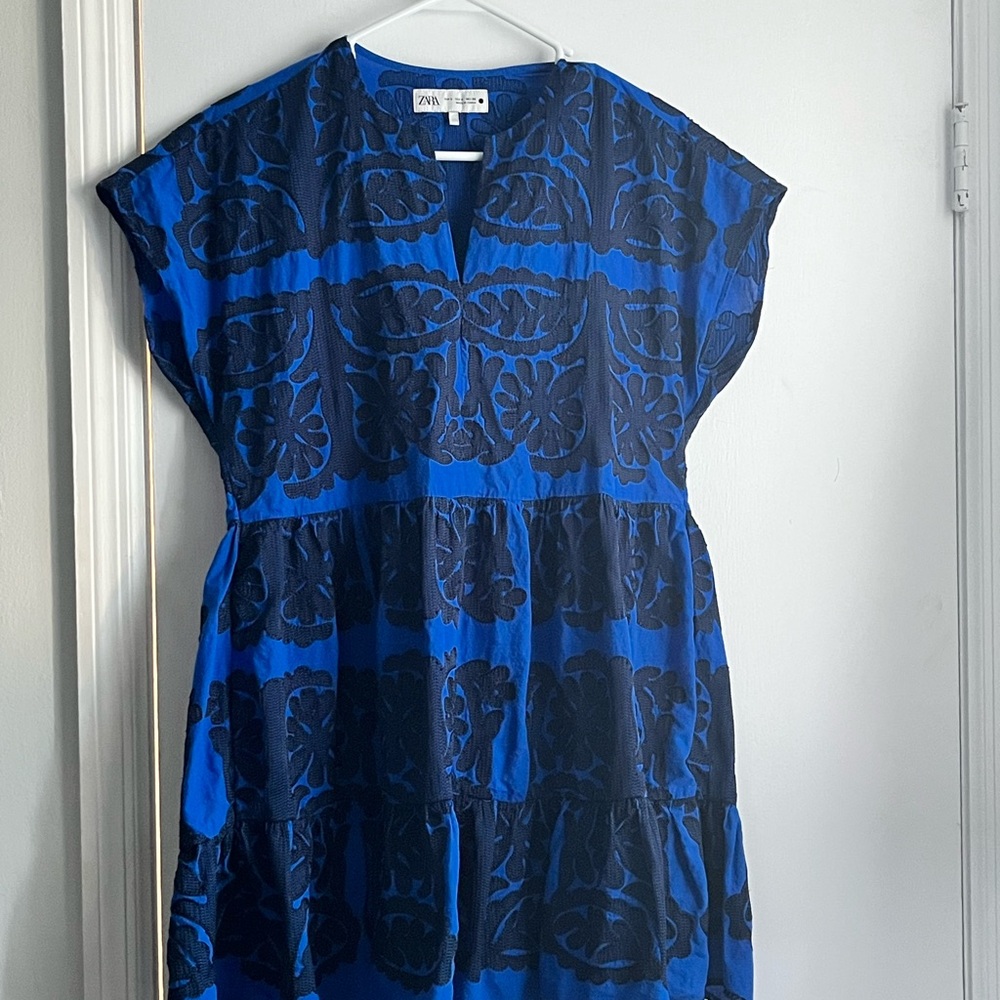 Zara Blue Floral Dress Embroidered Medium